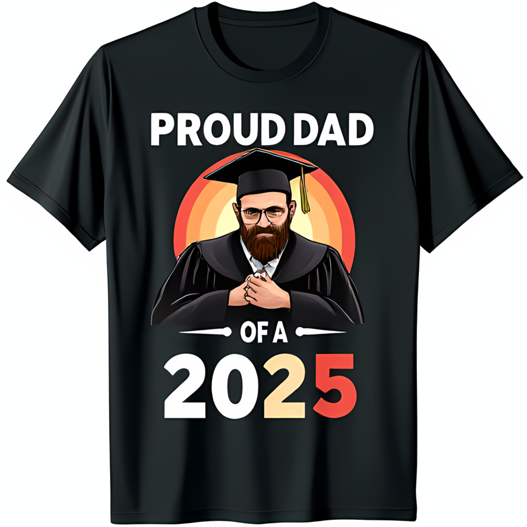 Proud Dad Graduation T-Shirt Black Tee with Cartoon Design & Sunset ...