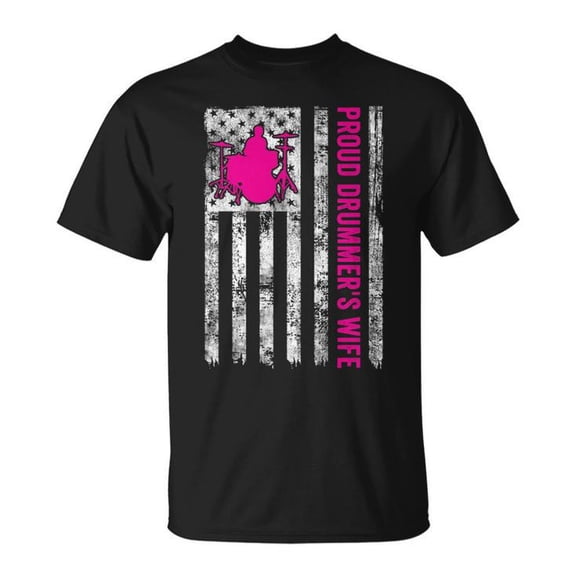 Proud Drummer's Wife American Flag Graphic Tee Unisex Adult Cotton Casual Patriotic Music Lover T-Shirt for Band Family and Supporters, Size 3XL, Color Black