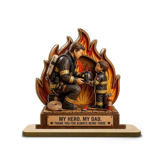 Proud Firefighter Dad You Are Our Hero, Firefighter Dad Personalized Wooden Plaque, 2-Layered Wooden Plaque, Decor Gift For Firefighter Dad, Gift Fathers Day Wooden Stand Gift - 15cm