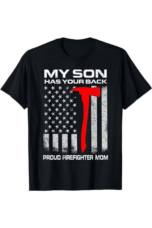 Proud Firefighter Mom T-Shirt American Flag Axe Graphic Tee Patriotic Mother Gift Retro Distressed Apparel