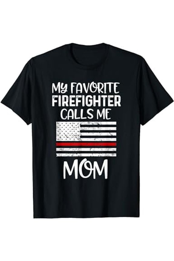 Proud Firefighter Mom T-Shirt Thin Red Line American Flag Graphic Tee Retro Hero Mother Gift