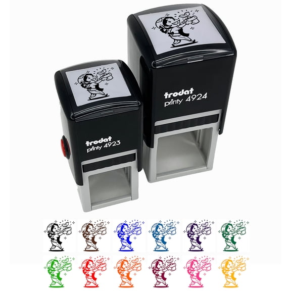 Proud Gardening Gardener Girl with Potted Plant Self-Inking Rubber Stamp Ink Stamper - Red Ink - Small 1 Inch