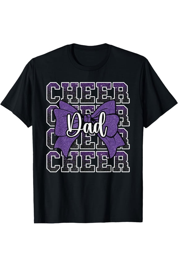 Proud Glittery Purple Cheer Dad Bow T-Shirt for Cheerleading Events