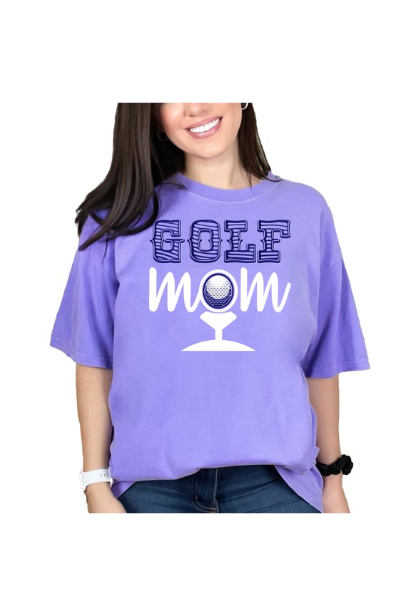 Proud Golf Mom Graphic Tee, Violet Comfort Colors T-Shirt, Medium