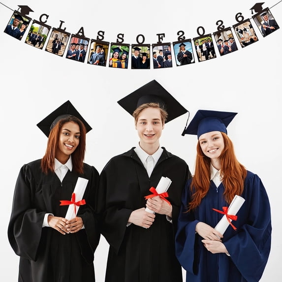 Proud Grad Photo Banner, 2026 Class of Graduation Flag, Black Paper Party Decor, 6.77x5.12Inch Hanging String Bunting
