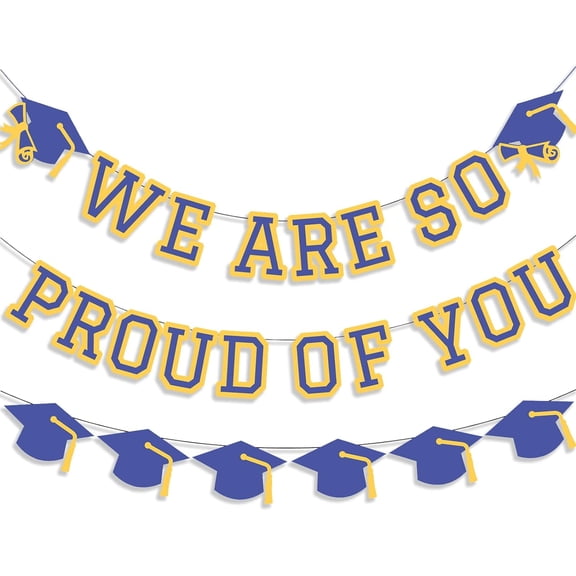 Proud Graduation Banner & Cap Garlands - Blue & Yellow by