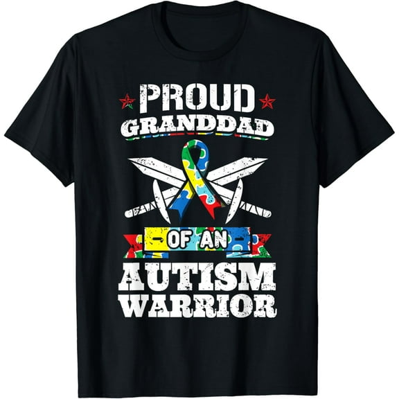 Proud Granddad Of An Autism Warrior Kanner Awareness Ribbon T-Shirt100% pure cotton