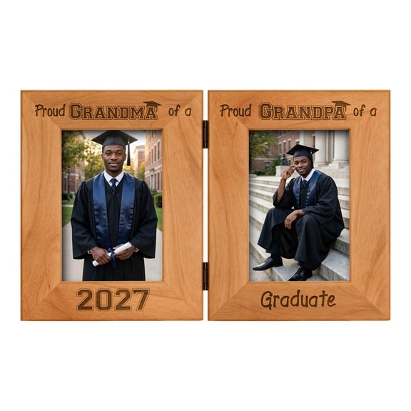 Proud Grandma - Grandpa - 2027 Graduate - Graduation Frame - Natural Wood Hinged 2 Side by Side Portrait 4x6 Photo Frames