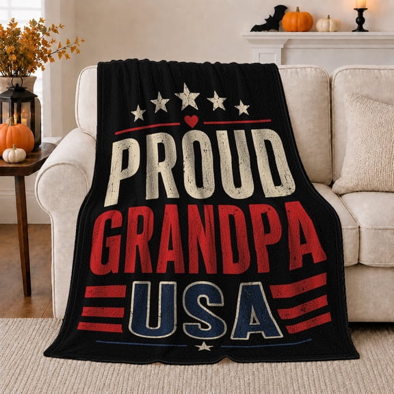Proud Grandpa Patriotic Theme, Cozy Typography Art Scene, Warm Flannel Blanket for Living Room and Reading Nook, Art Lovers Father's Day Gift, Artistic Home Decor