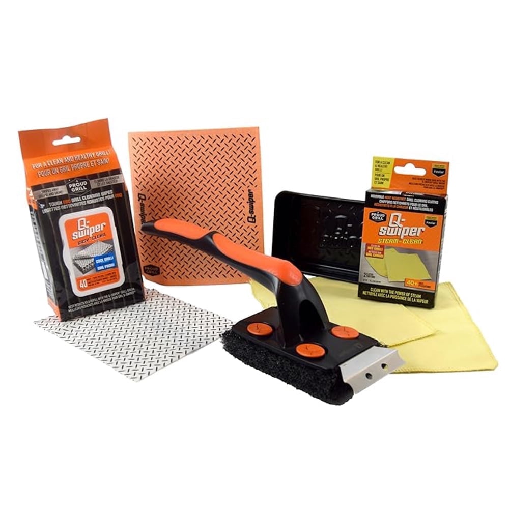 Proud Grill Q-Swiper XL Complete Grill Cleaner Kit for Hot + Cold + Exterior Grill Cleaning. Includes 1 Long Grill Brush, 2 Steam Clean Cloths, 40 Moist Grill Wipes, and 1 Exterior Reusable Cloth