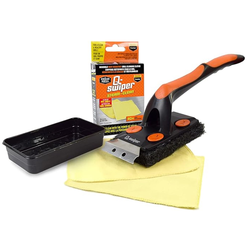 Proud Grill Q-Swiper XL Steam Clean Grill Cleaner 3 Piece Set Brush with Scraper 2 Cleaning cloths and Tray 1022P