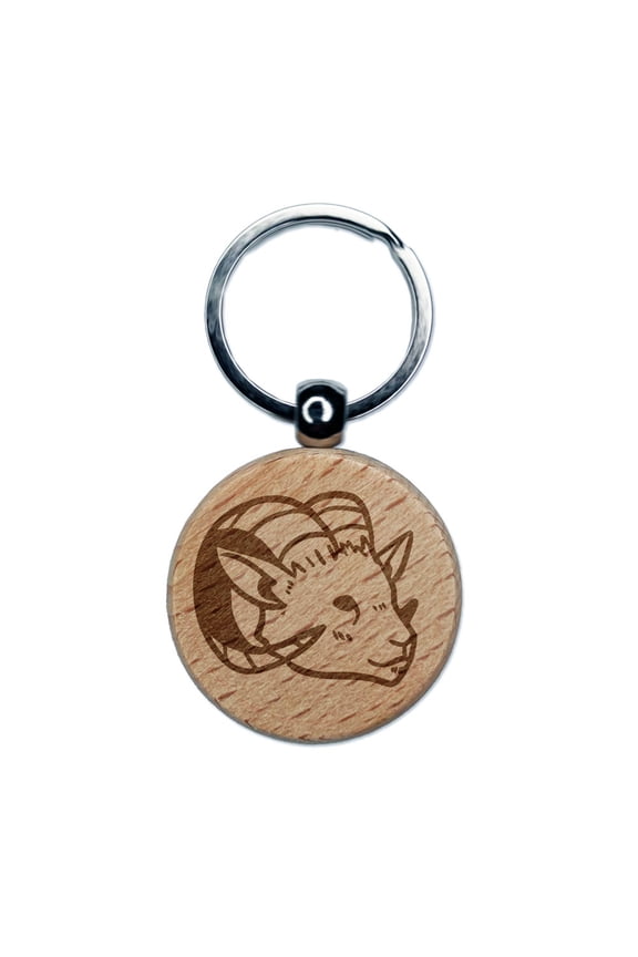 Proud Horned Goat Ram Head Round Keychain Charm Tag - Engraved Wood