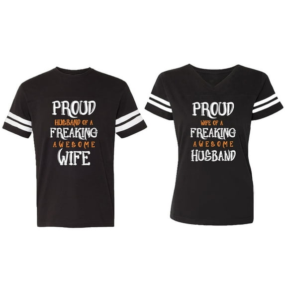 Proud Husband Freaking Wife Matching Couple Cotton Jerseys (Men Black / Women Black) (Men S / Women XL)