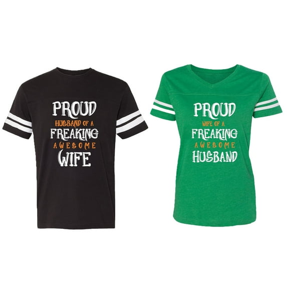 Proud Husband Freaking Wife Matching Couple Cotton Jerseys (Men Black / Women Green) (Men M / Women M)