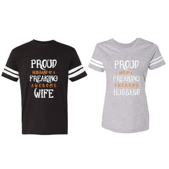 Proud Husband Freaking Wife Matching Couple Cotton Jerseys (Men Black / Women Heather) (Men XXL / Women XXL)
