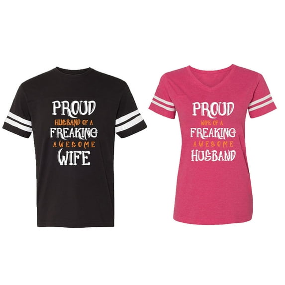 Proud Husband Freaking Wife Matching Couple Cotton Jerseys (Men Black / Women Pink) (Men M / Women XL)
