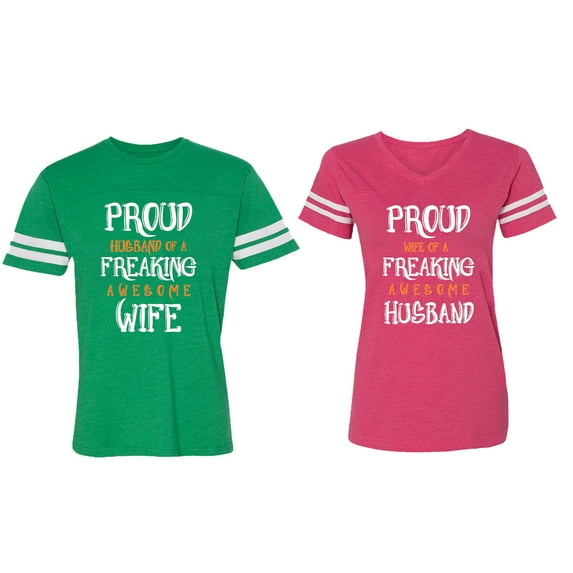 Proud Husband Freaking Wife Matching Couple Cotton Jerseys (Men Green / Women Pink) (Men S / Women XXL)