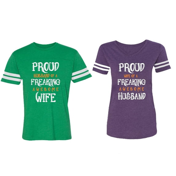 Proud Husband Freaking Wife Matching Couple Cotton Jerseys (Men Green / Women Purple) (Men XXL / Women S)