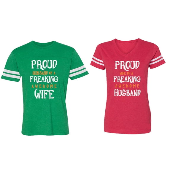 Proud Husband Freaking Wife Matching Couple Cotton Jerseys (Men Green / Women Red) (Men M / Women XXL)