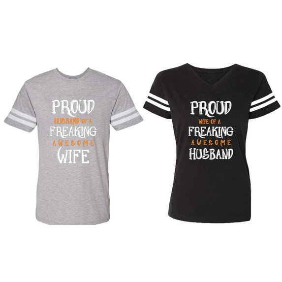 Proud Husband Freaking Wife Matching Couple Cotton Jerseys (Men Heather / Women Black) (Men S / Women S)