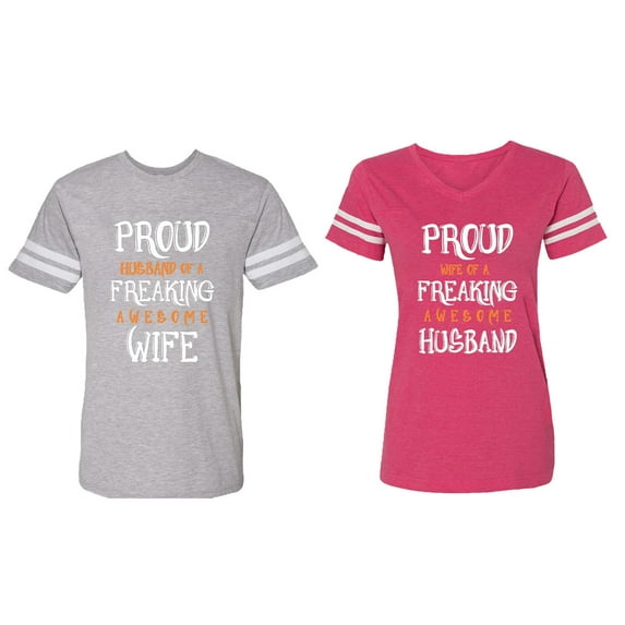 Proud Husband Freaking Wife Matching Couple Cotton Jerseys (Men Heather / Women Pink) (Men L / Women XL)