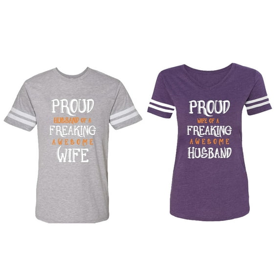 Proud Husband Freaking Wife Matching Couple Cotton Jerseys (Men Heather / Women Purple) (Men XXL / Women XXL)