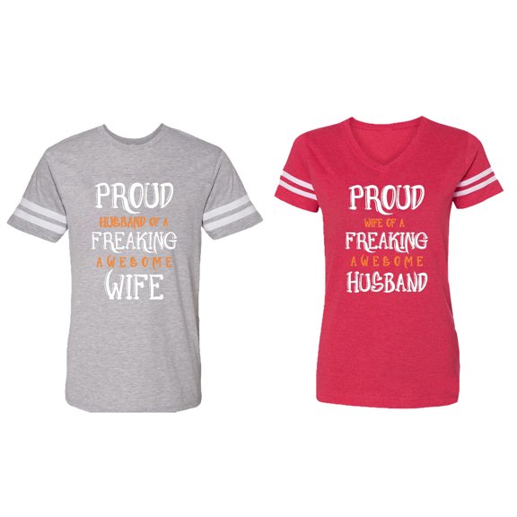 Proud Husband Freaking Wife Matching Couple Cotton Jerseys (Men Heather / Women Red) (Men XXL / Women M)