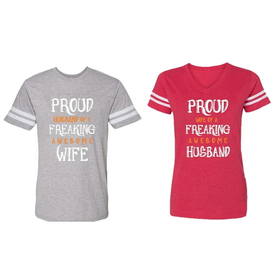 Proud Husband Freaking Wife Matching Couple Cotton Jerseys (Men Heather / Women Red) (Men XXL / Women XXL)