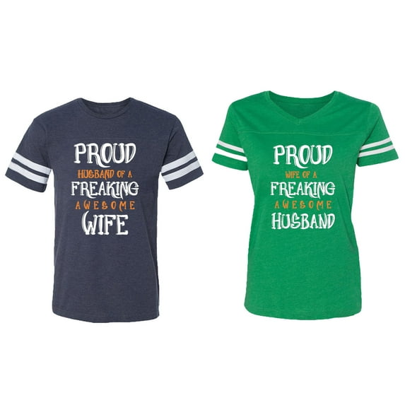 Proud Husband Freaking Wife Matching Couple Cotton Jerseys (Men Navy / Women Green) (Men XXXL / Women XXL)