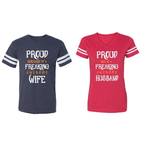 Proud Husband Freaking Wife Matching Couple Cotton Jerseys (Men Navy / Women Red) (Men L / Women XXL)