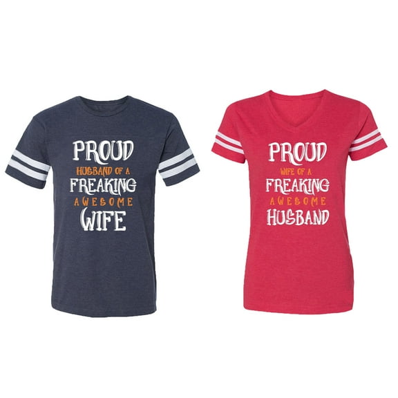 Proud Husband Freaking Wife Matching Couple Cotton Jerseys (Men Navy / Women Red) (Men M / Women XL)