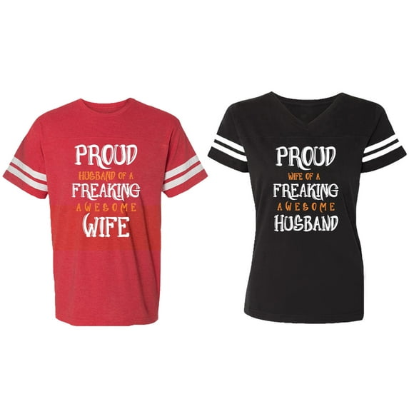 Proud Husband Freaking Wife Matching Couple Cotton Jerseys (Men Red / Women Black) (Men S / Women S)