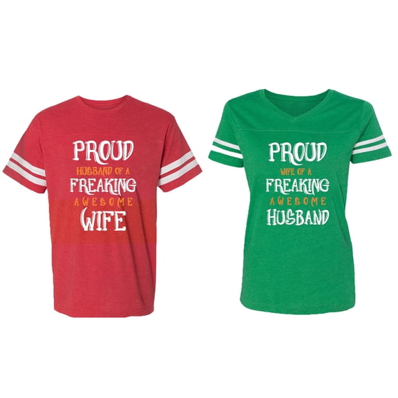 Proud Husband Freaking Wife Matching Couple Cotton Jerseys (Men Red / Women Green) (Men L / Women M)