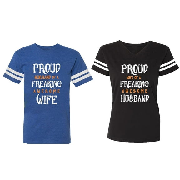 Proud Husband Freaking Wife Matching Couple Cotton Jerseys (Men Royal / Women Black) (Men S / Women M)