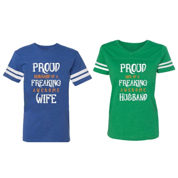 Proud Husband Freaking Wife Matching Couple Cotton Jerseys (Men Royal / Women Green) (Men L / Women M)
