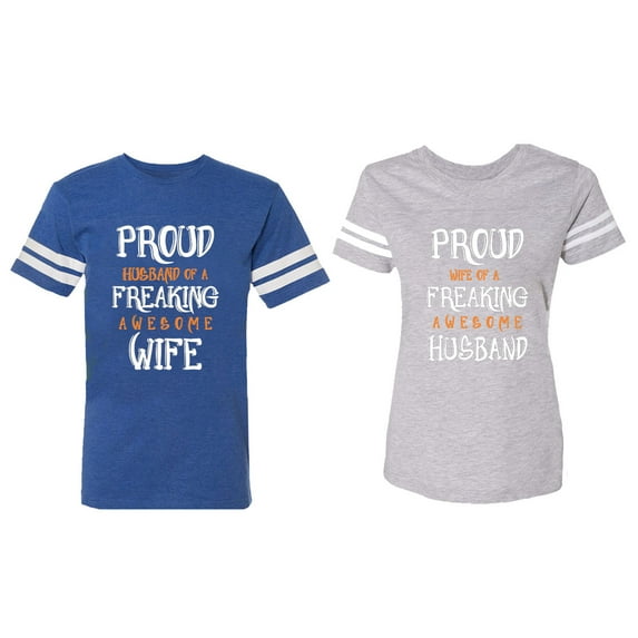 Proud Husband Freaking Wife Matching Couple Cotton Jerseys (Men Royal / Women Heather) (Men L / Women S)