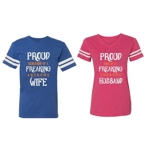 Proud Husband Freaking Wife Matching Couple Cotton Jerseys (Men Royal / Women Pink) (Men S / Women M)