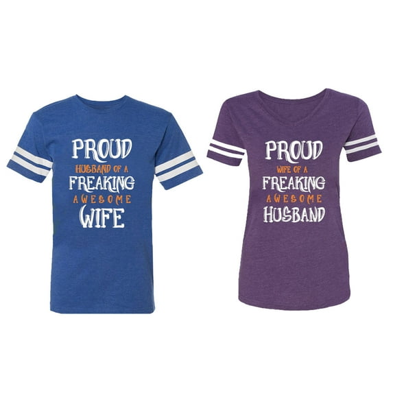 Proud Husband Freaking Wife Matching Couple Cotton Jerseys (Men Royal / Women Purple) (Men S / Women M)