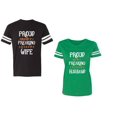 thumbnail image 1 of Proud Husband Freaking Wife Unisex Couple Matching Cotton Jersey style T-Shirt Contrasting stripes on sleeves (Men Black / Women Green) (Men S / Women L), 1 of 3