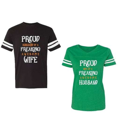 Proud Husband Freaking Wife Unisex Couple Matching Cotton Jersey style T-Shirt Contrasting stripes on sleeves (Men Black / Women Green) (Men S / Women XL)
