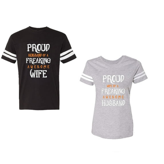 Proud Husband Freaking Wife Unisex Couple Matching Cotton Jersey style T-Shirt Contrasting stripes on sleeves (Men Black / Women Heather) (Men XL / Women XL)