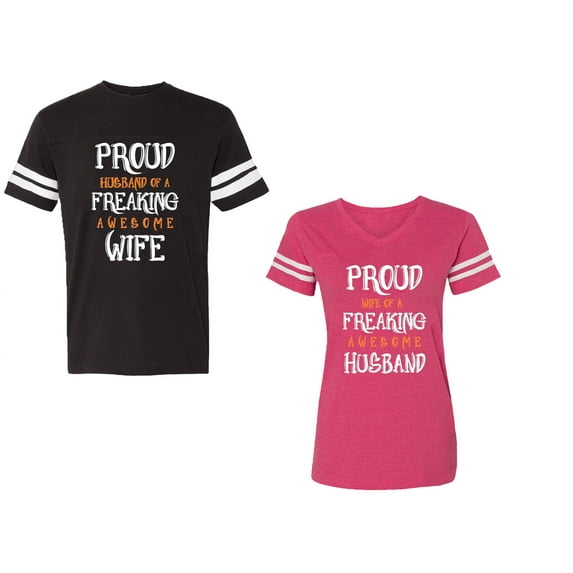 Proud Husband Freaking Wife Unisex Couple Matching Cotton Jersey style T-Shirt Contrasting stripes on sleeves (Men Black / Women Pink) (Men M / Women M)