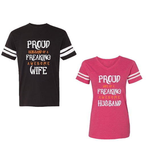 Proud Husband Freaking Wife Unisex Couple Matching Cotton Jersey style T-Shirt Contrasting stripes on sleeves (Men Black / Women Pink) (Men XXL / Women XXL)