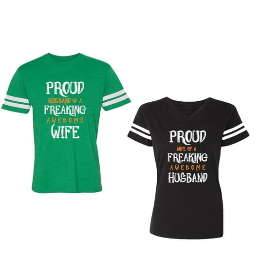 Proud Husband Freaking Wife Unisex Couple Matching Cotton Jersey style T-Shirt Contrasting stripes on sleeves (Men Green / Women Black) (Men S / Women S)