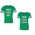 thumbnail image 1 of Proud Husband Freaking Wife Unisex Couple Matching Cotton Jersey style T-Shirt Contrasting stripes on sleeves (Men Green / Women Green) (Men XL / Women S), 1 of 3