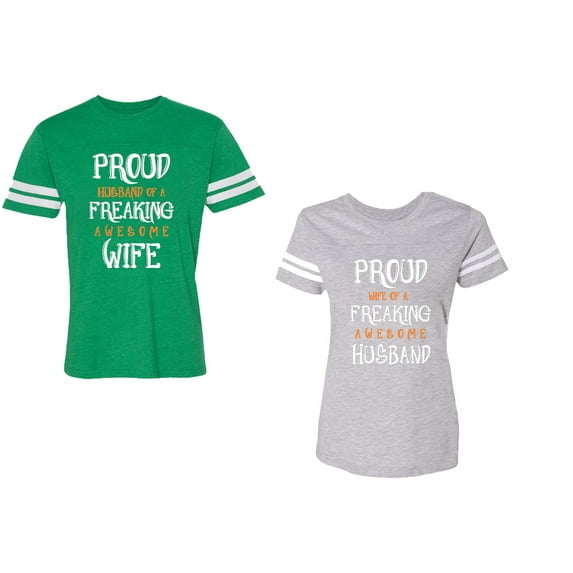 Proud Husband Freaking Wife Unisex Couple Matching Cotton Jersey style T-Shirt Contrasting stripes on sleeves (Men Green / Women Heather) (Men XXL / Women XL)