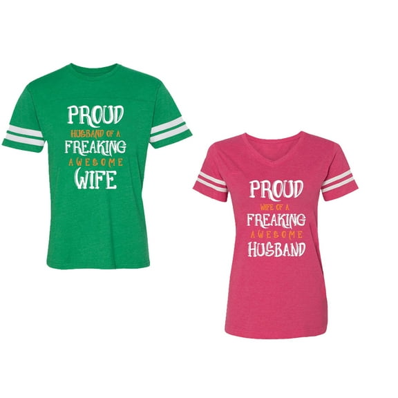 Proud Husband Freaking Wife Unisex Couple Matching Cotton Jersey style T-Shirt Contrasting stripes on sleeves (Men Green / Women Pink) (Men XL / Women L)