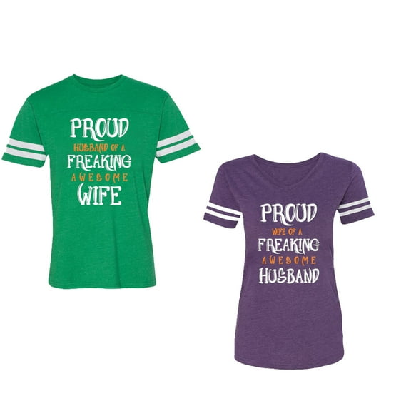 Proud Husband Freaking Wife Unisex Couple Matching Cotton Jersey style T-Shirt Contrasting stripes on sleeves (Men Green / Women Purple) (Men S / Women S)
