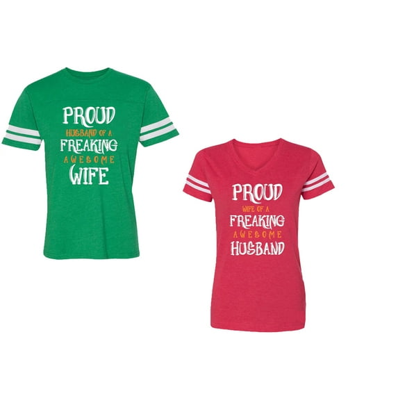 Proud Husband Freaking Wife Unisex Couple Matching Cotton Jersey style T-Shirt Contrasting stripes on sleeves (Men Green / Women Red) (Men M / Women XL)