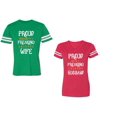 thumbnail image 1 of Proud Husband Freaking Wife Unisex Couple Matching Cotton Jersey style T-Shirt Contrasting stripes on sleeves (Men Green / Women Red) (Men XL / Women S), 1 of 3